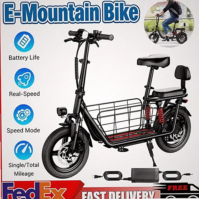 14"Dual Seat Folding Electric Bike，Commuter E‑Bike with Cargo Basket，Disc Brakes