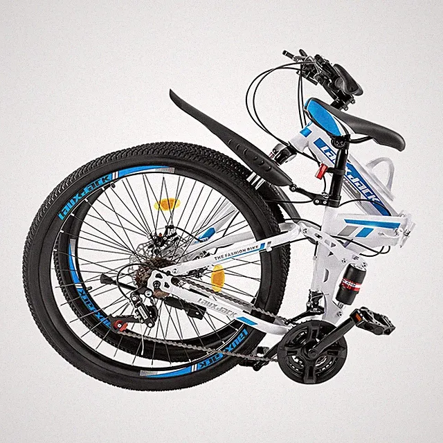 26" Folding Mountain Bike 21-Speed Dual Disc Brake Blue White Carbon Steel